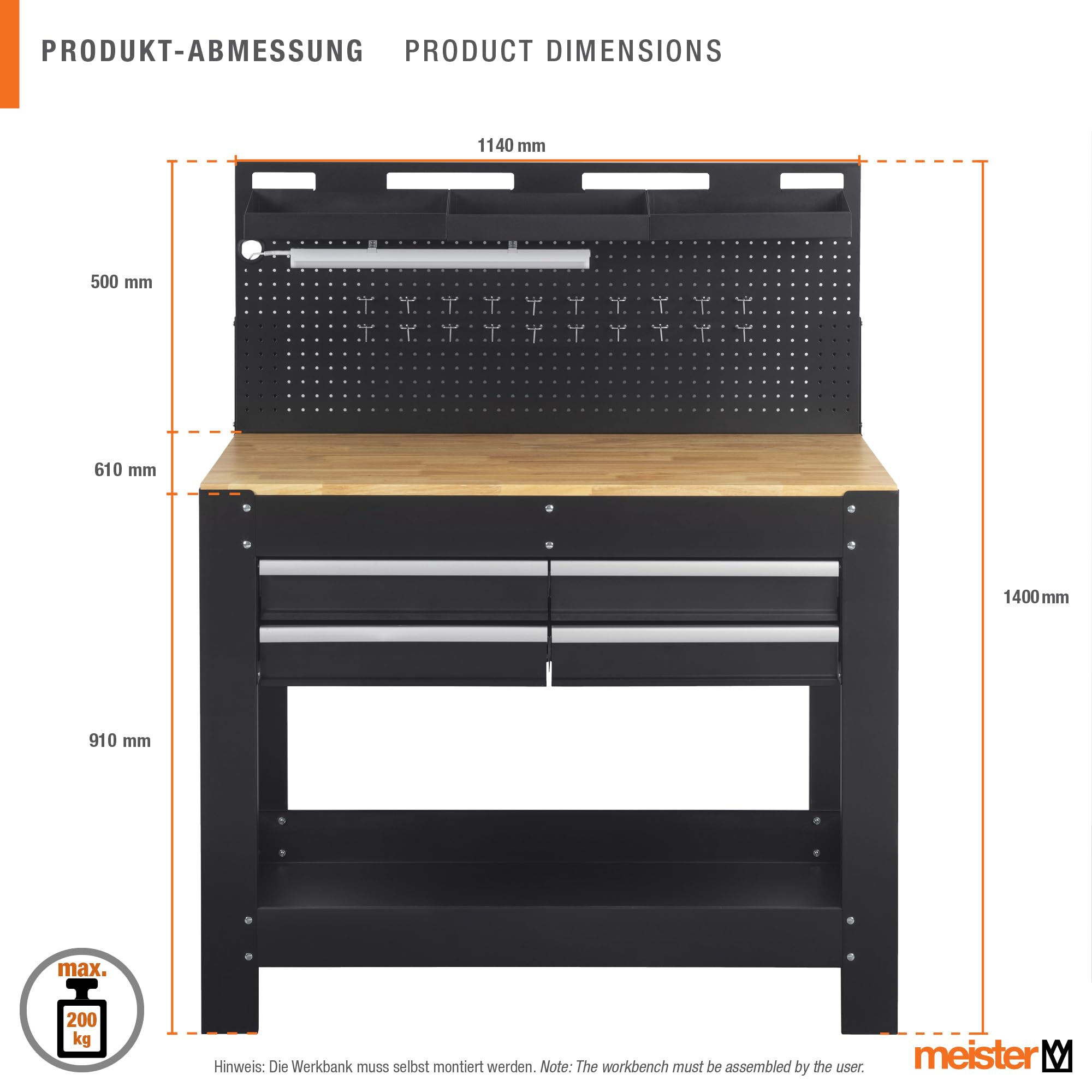 meister-werkbank-1400-x-610-mm-200-kg-mit-led-und-steckdosenleiste image 2